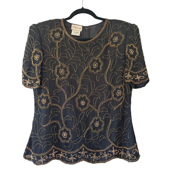 Vintage Sténay Black & Gold Silk Beaded Blouse XL - Picture 2 of 15